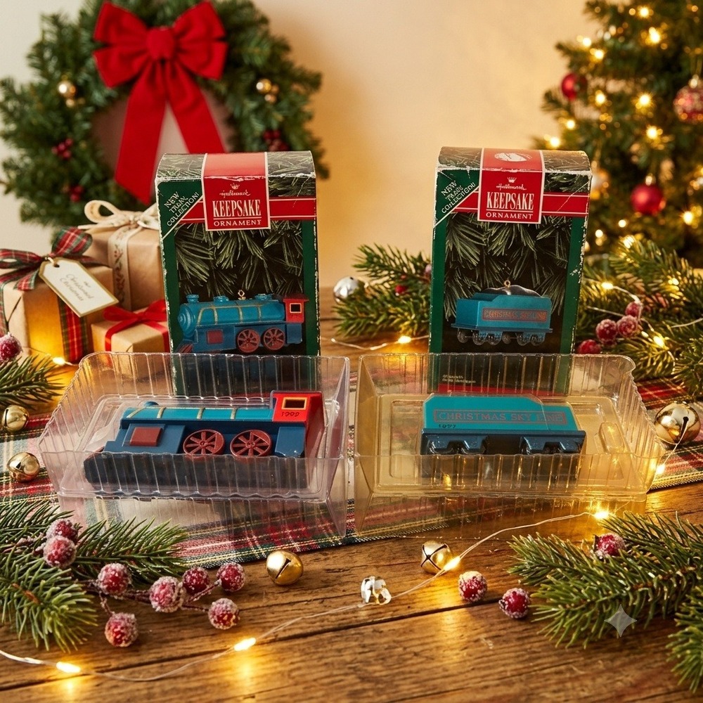 NIB Vintage 1992 Hallmark Keepsake Christmas Sky Line Train Ornament Set of 2